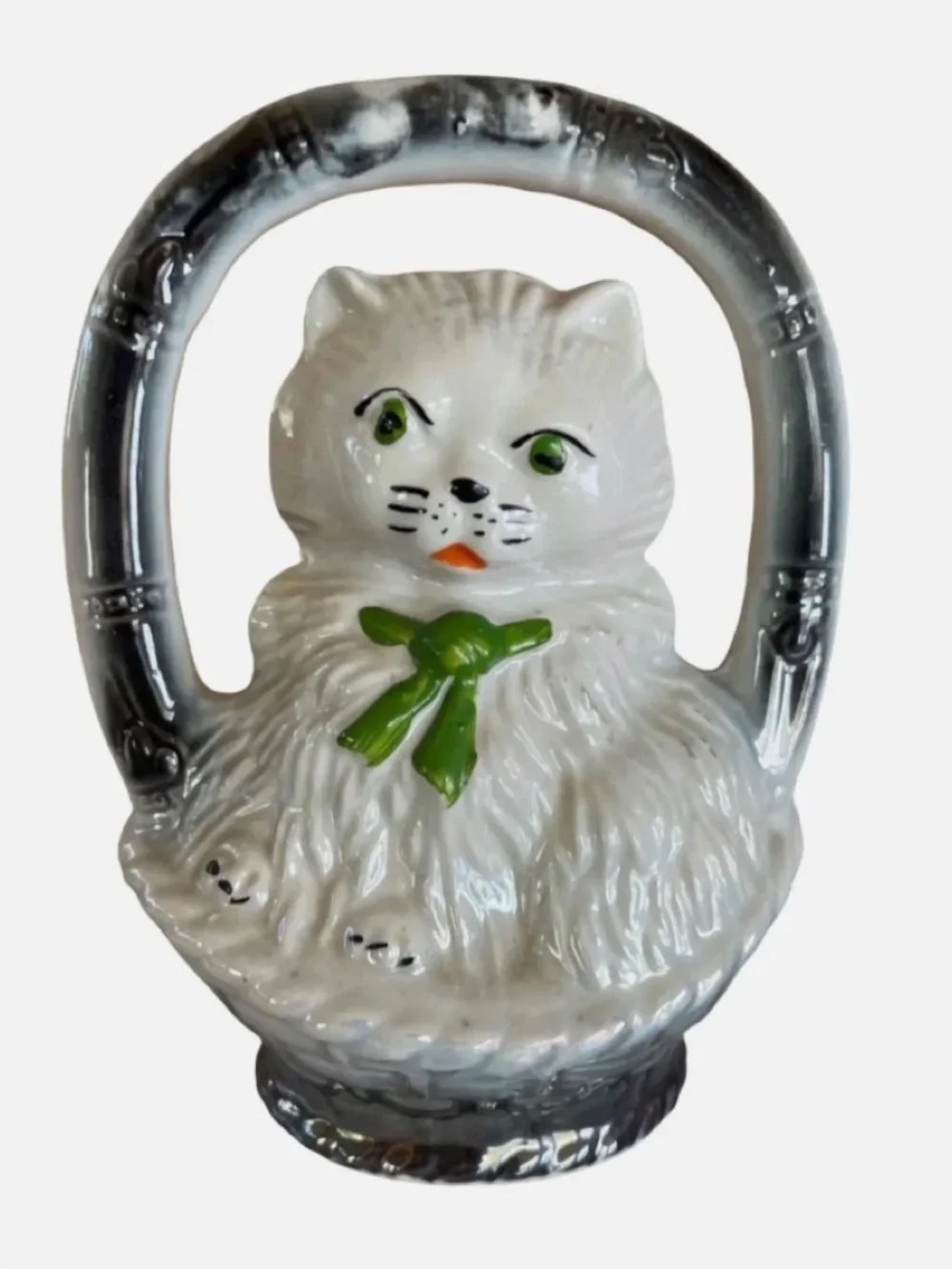 Vintage 1950’s Japan White Ceramic Cat Figurine with Green Bow and Silver Handle